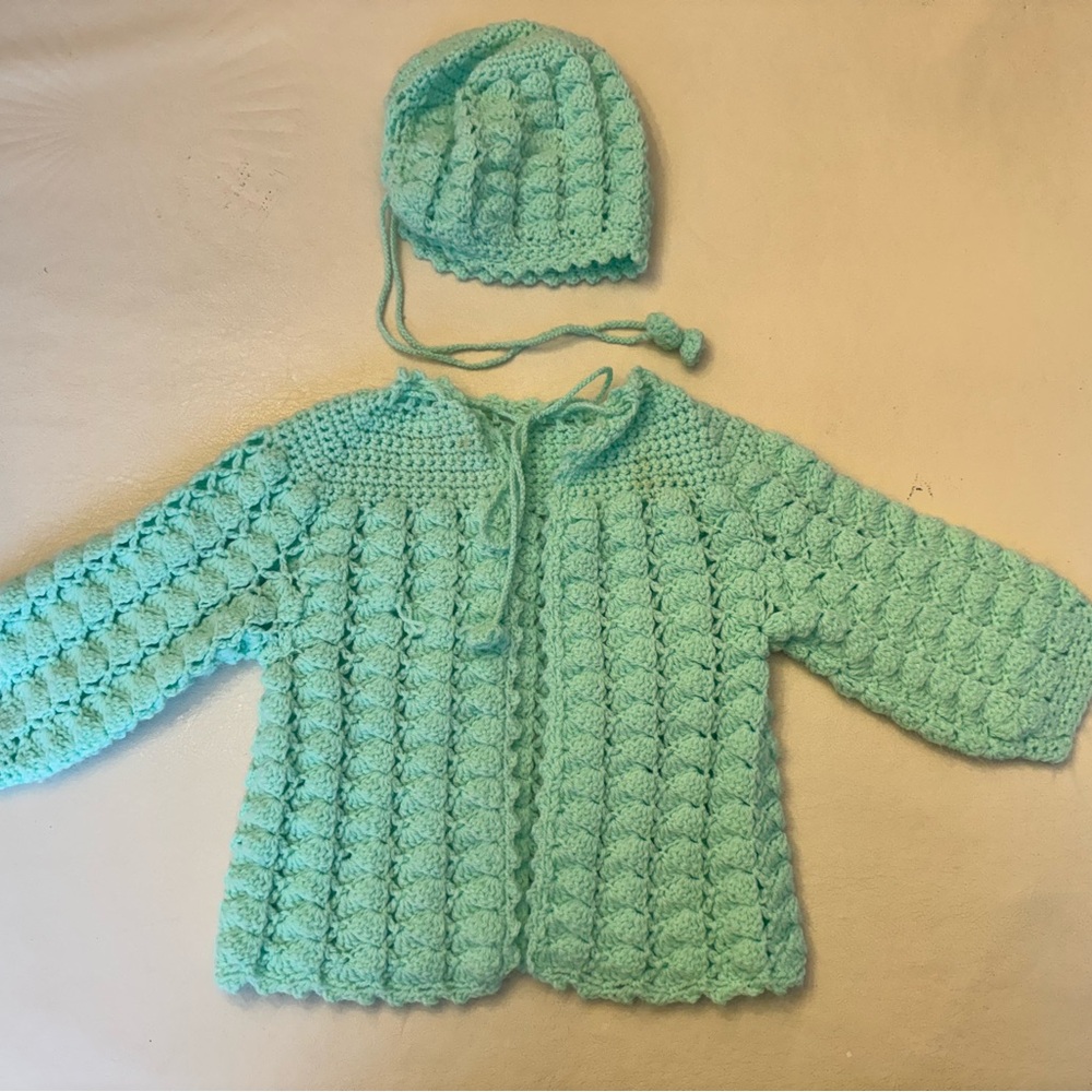 Handmade Mint Green Crochet Baby Jacket and Hat Set